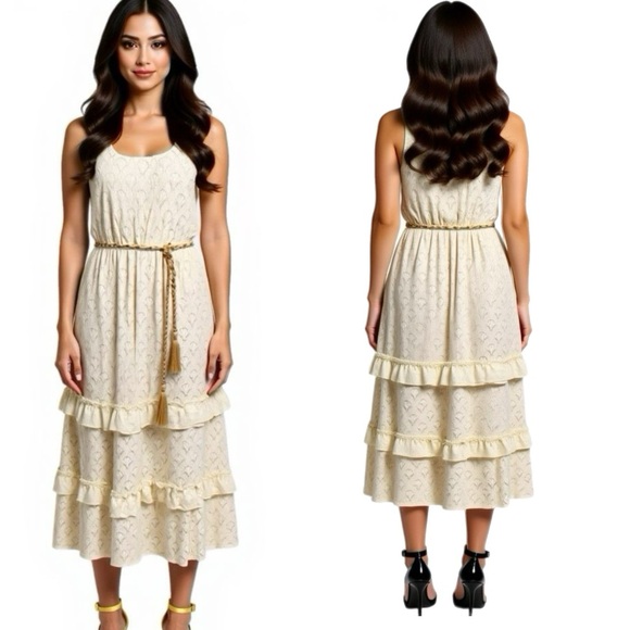 New KATE & LILY Elegant Cream Lace Boho Midi Dress Sleeveless Ruffle Sz Medium - Picture 13 of 14